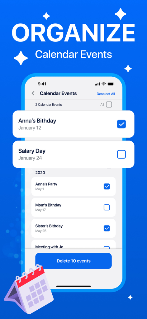 A mobile phone interface showing the calendar events cleaning feature with options to delete multiple entries at once to free up device space.