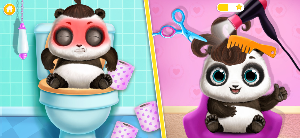 Bebé panda Lu practicando ir al baño en un inodoro y recibiendo un nuevo peinado en un salón.