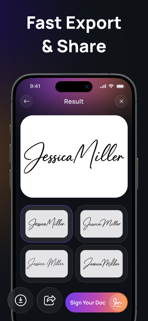 Sign AI - Signature Maker App - Mobile app screen showing various AI generated signature styles and sharing options.