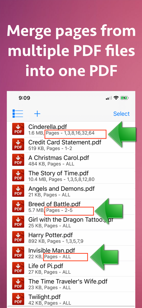 1つのファイルに結合するための特定のページ選択が表示されたPDFドキュメントのリストを表示するiPhoneアプリ画面