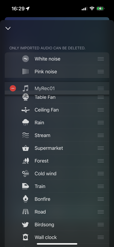 A list of relaxing sleep sounds and white noise options in the Lull app menu