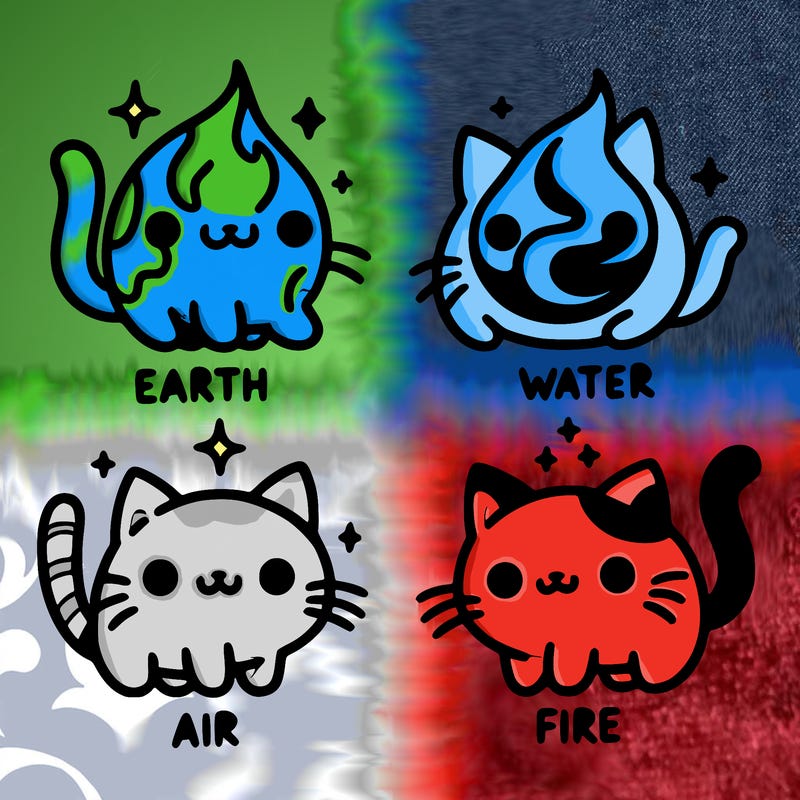 4 cats that represent the different elements, earth, water, air, and fire