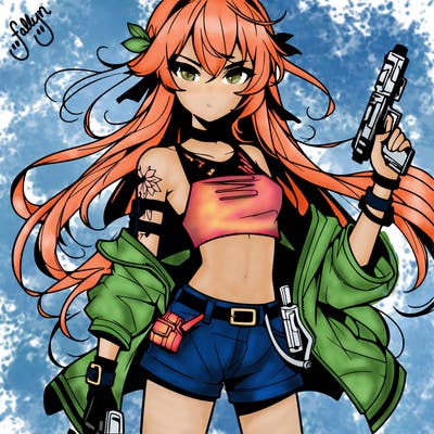 bad girl wearing crop top holding a gun long hair anime