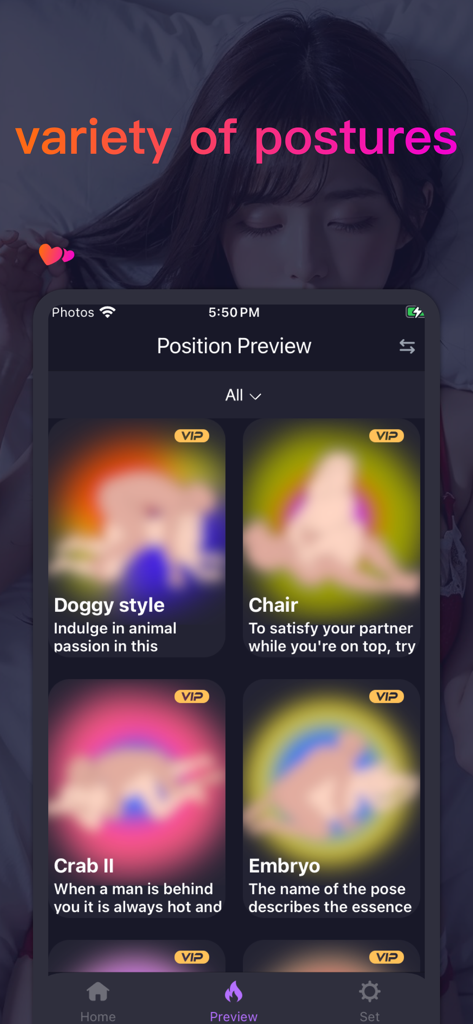 Oberfläche der LoveSync-App, die eine Vielzahl von Sex-Position-Kategorien und beschreibenden Labels in einem Position-Vorschaufenster anzeigt.