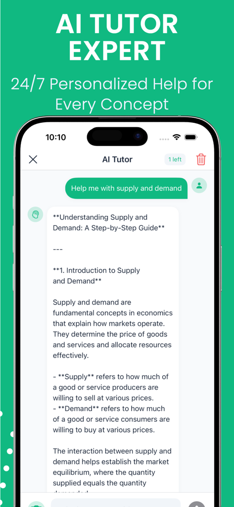 Economics AI: Homework Helper - Economics AI tutor interface showing a step by step explanation of supply and demand