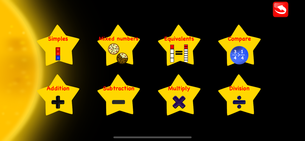 Main menu of the fractions learning app for kids featuring star shaped icons for topics like addition subtraction and mixed numbers