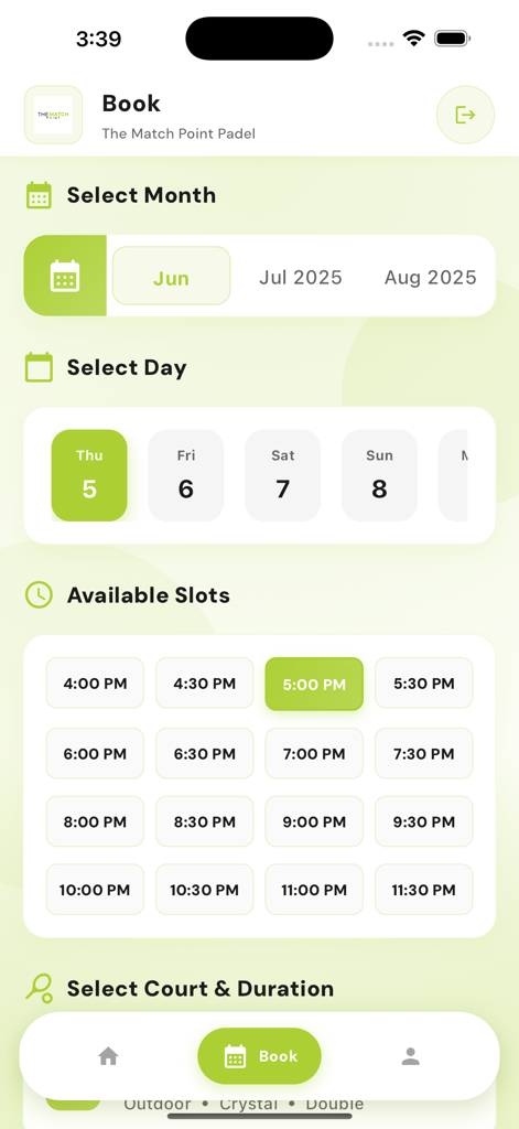 The Match Point PK - Interfaz de la aplicación The Match Point PK que muestra el proceso de reserva de pistas con selección de mes, día y franja horaria