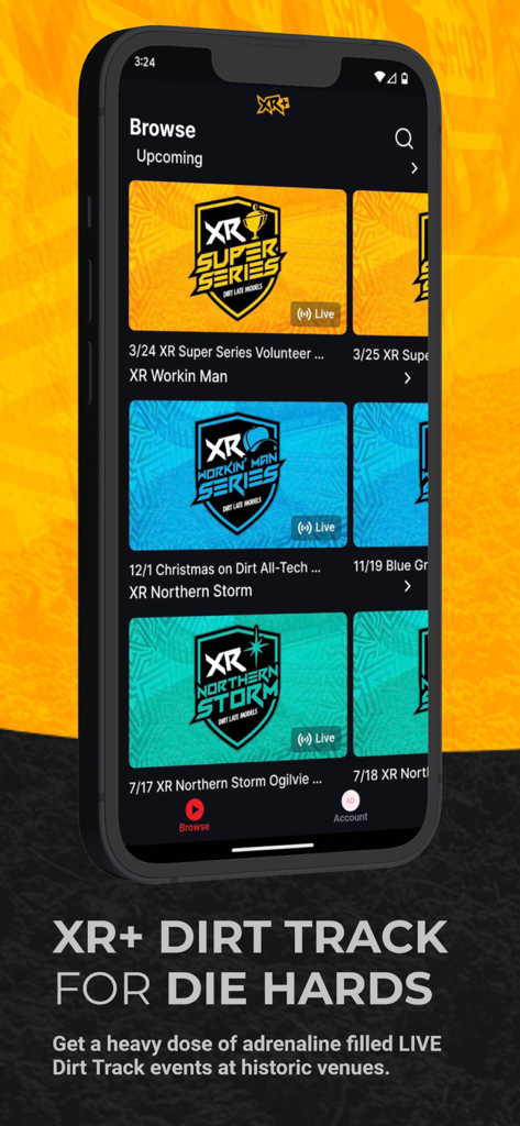 XR Events + - XR Events plus app screen displaying live and upcoming dirt track racing series like Super Series and Workin Man Series.