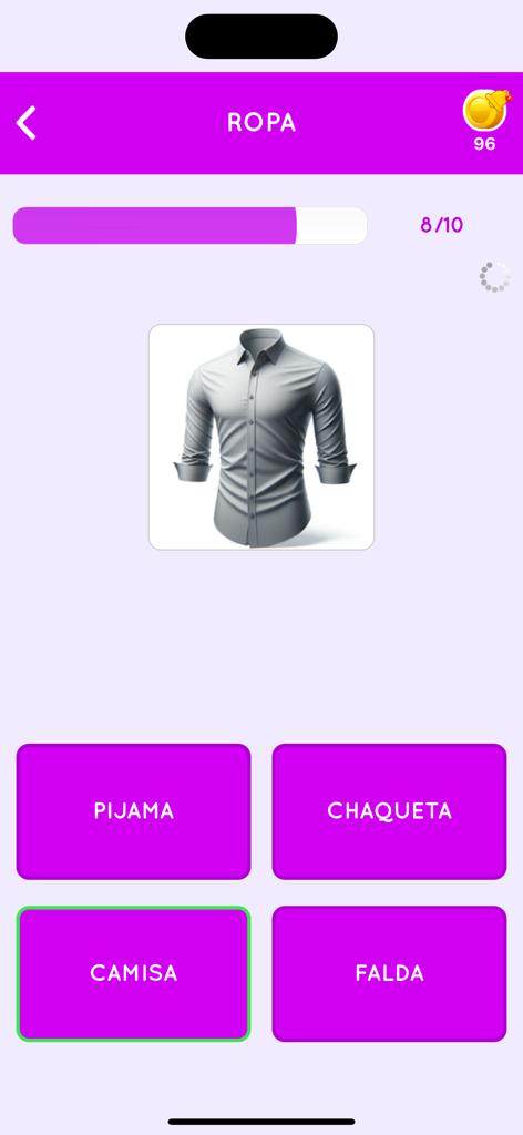 Learn Spanish for Beginner - Interface of a Spanish learning app showing a vocabulary quiz for clothes with a shirt image.