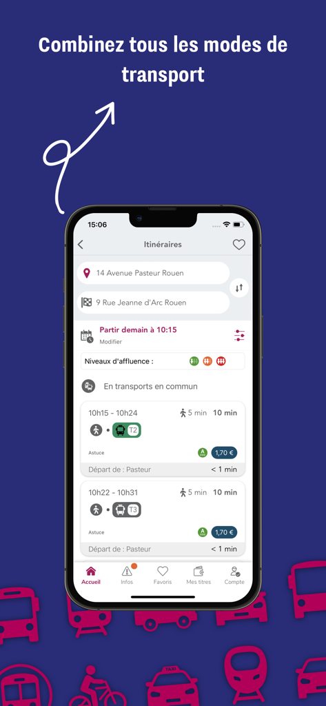 My Astuce - My Astuce mobile app screen showing multimodal route search results with travel times and prices for Rouen