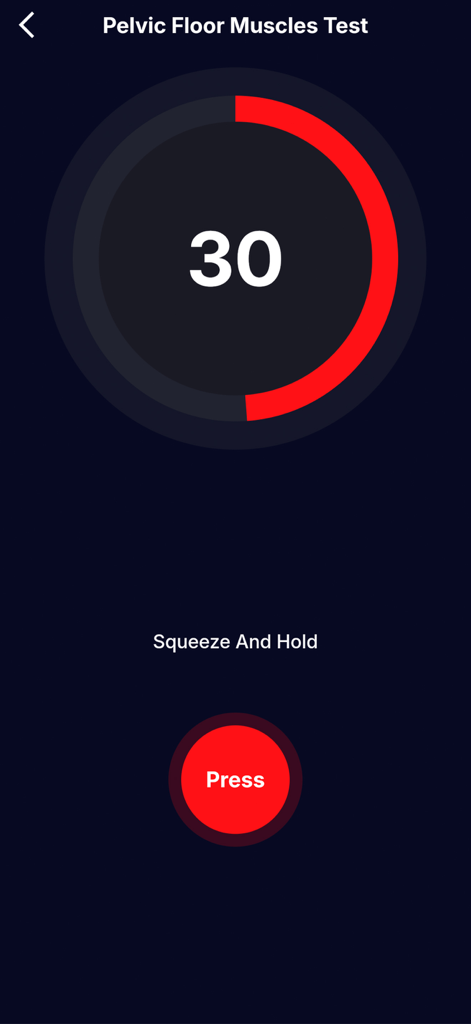 Kegel Trainer: Men's Health - A screenshot of the pelvic floor muscle test feature in the Kegel Trainer app showing a thirty second timer and instructions to squeeze and hold.