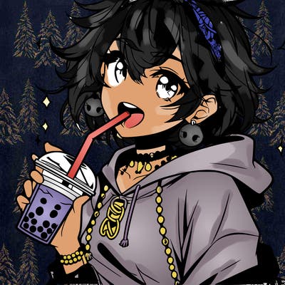 hot baddie anime girl drinking boba and biting the straw