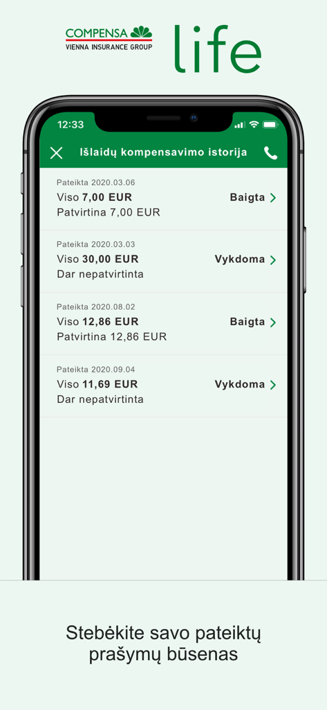 Compensa Life insurance app showing claim history and reimbursement status