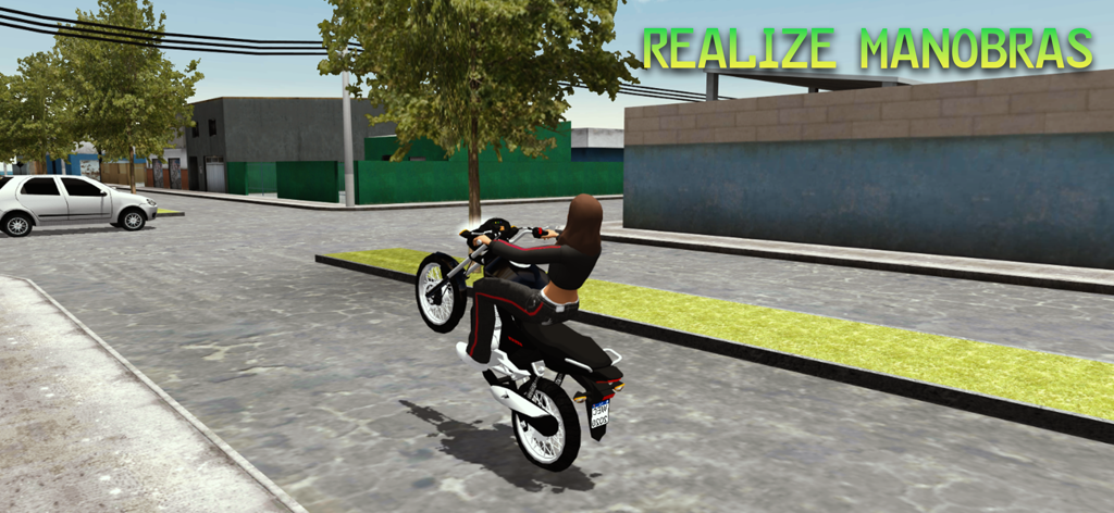 Motos Brasil Online - A character performing a motorcycle wheelie maneuver in an urban street setting in Motos Brasil Online