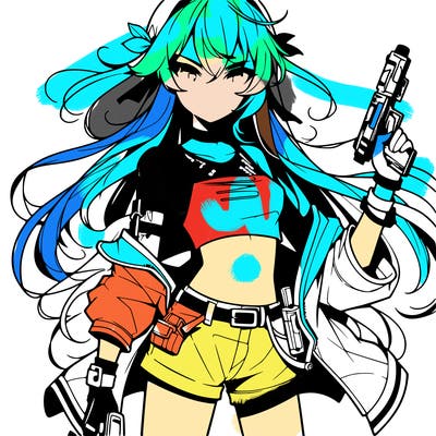 bad girl wearing crop top holding a gun long hair anime