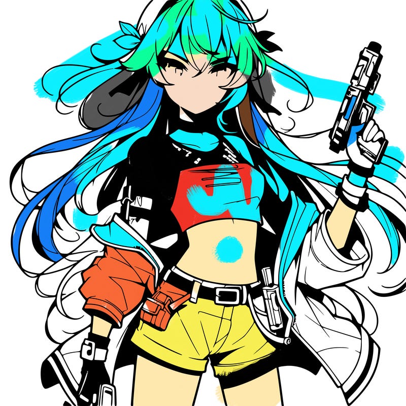 bad girl wearing crop top holding a gun long hair anime