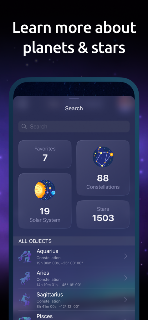StarMaster: Night Sky & Astro - Suchbildschirm der StarMaster-App, der die Anzahl der Sternbilder, Sterne und Objekte des Sonnensystems anzeigt
