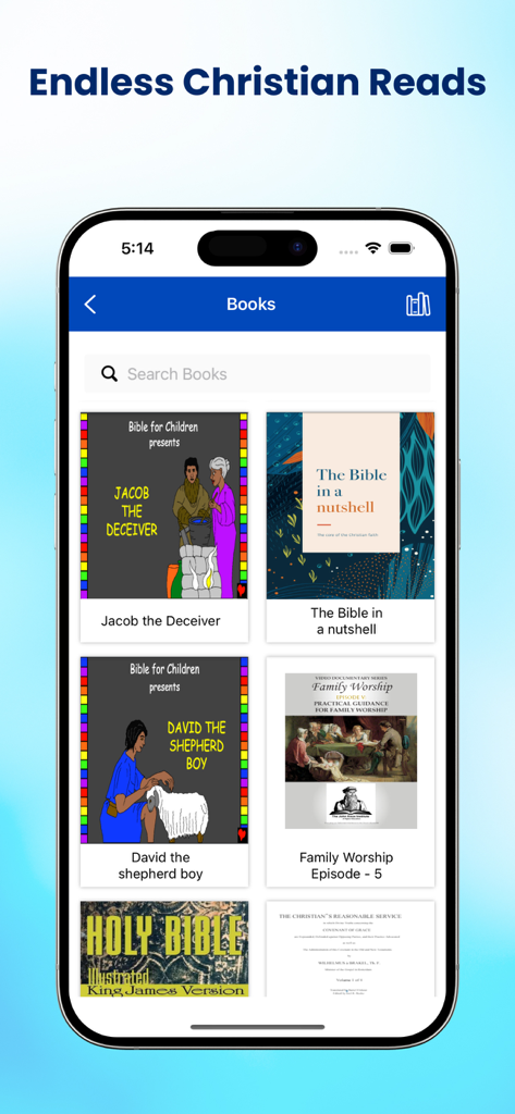 Screenshot of the Tagalog Bible app showing a library of Christian books and children's stories