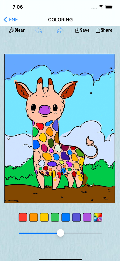 Coloring Book for Horror Anime - Una interfaz de aplicación móvil que muestra una jirafa de dibujos animados siendo coloreada con diferentes colores brillantes.