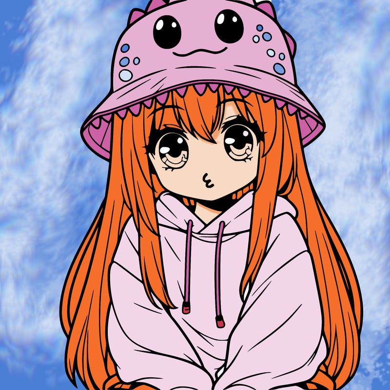 girl with anime shaped eyes with a dinosaur bucket hat oversized sweatshirt long straight hair
