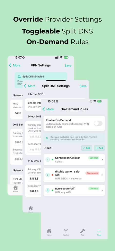 MintFlow NetStack - MintFlow NetStack app screens showing split DNS settings and on-demand connection rules
