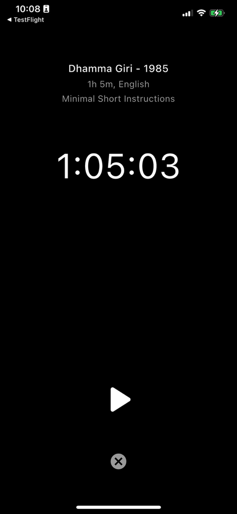 Dhamma.org - A minimalist meditation session player screen in the Dhamma org app showing a timer for a one hour session