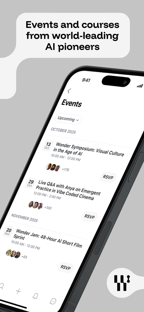 Wonder Studios - Mobile screen of the Wonder Studios app displaying a list of upcoming AI industry events and courses.