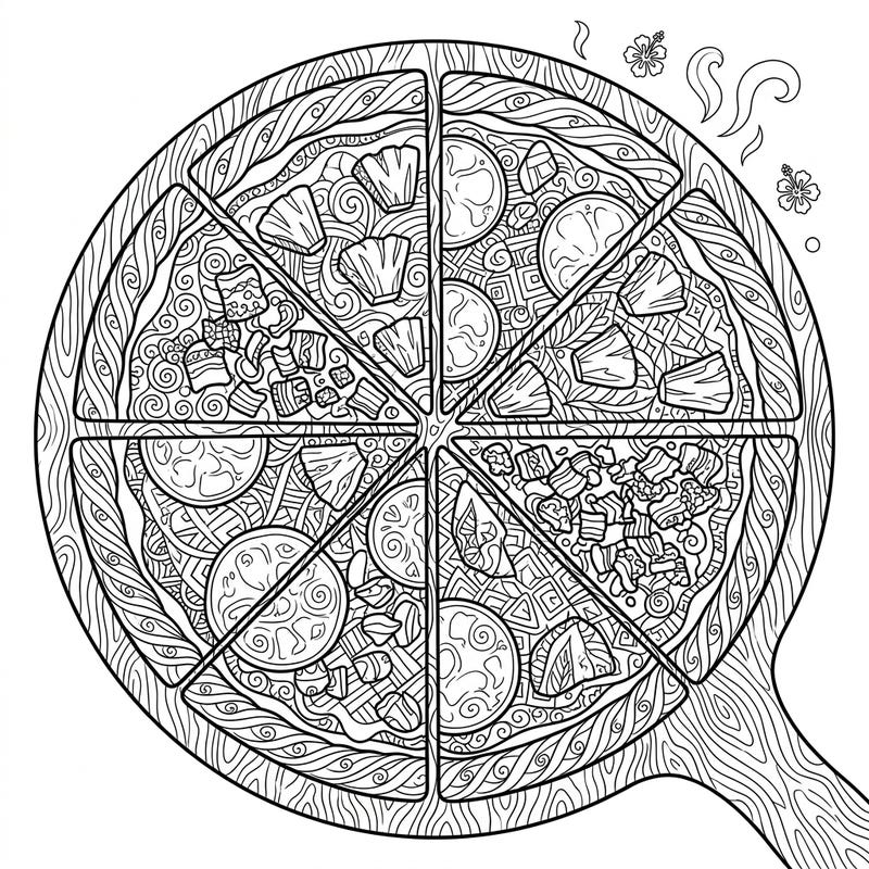Unleash your creativity with this unique Zentangle Hawaiian Pizza coloring page. Explore a feast of intricate patterns on every slice, from savory ham to sweet pineapple.