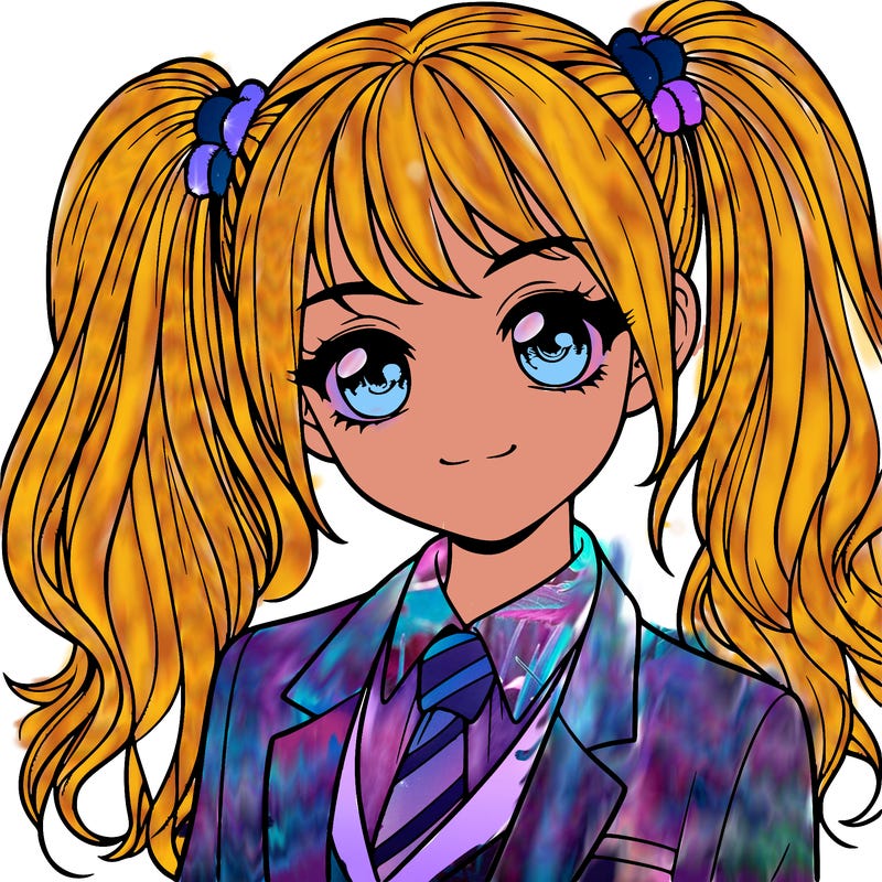 realistic girl with two ponytails and a suit on