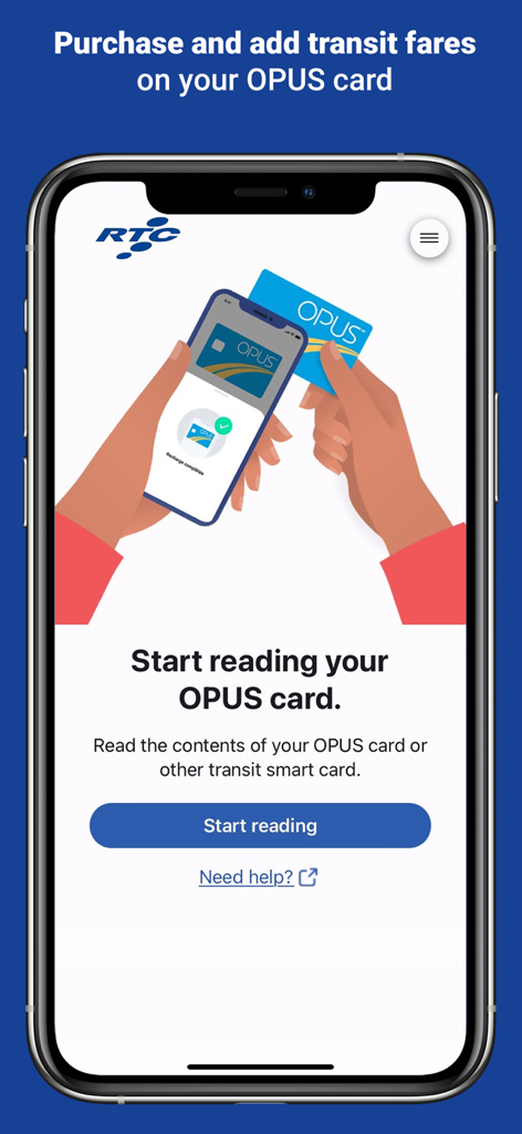 Interface of the RTC - Recharge OPUS app showing how to scan an OPUS card with a smartphone