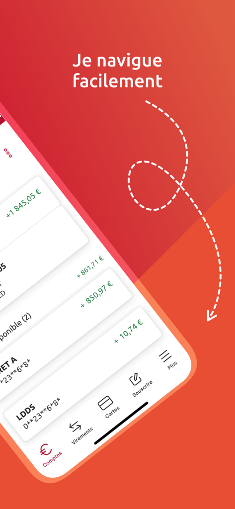 Crédit Coopératif - Captura de ecrã da aplicação móvel do Crédit Coopératif apresentando saldos de conta e um menu de navegação com o texto Navego facilmente em francês.