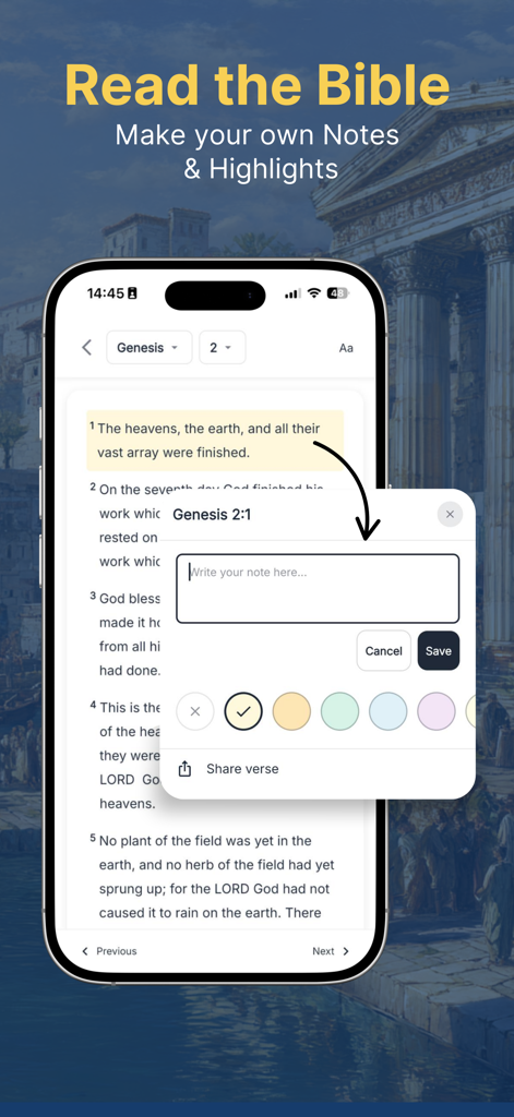 Audio Bible Stories & Chat - Smartphone screen showing the BibleNow app with a Bible verse from Genesis and a menu to add notes and select highlight colors.