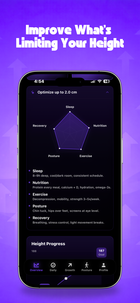 Altoller - Maximize Height - A radar chart in the Altoller app tracking lifestyle factors like sleep, nutrition, exercise, posture, and recovery to maximize height growth.