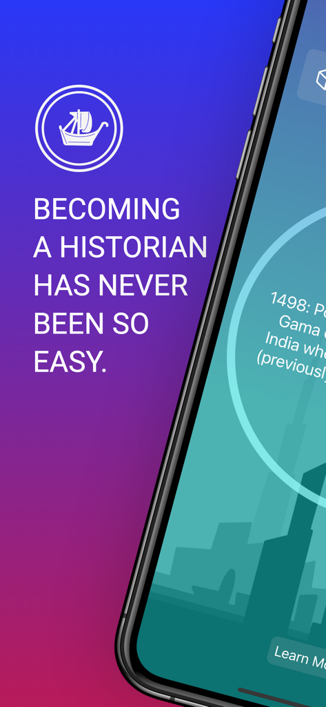 알록달록한 그라데이션과 '역사학자가 되는 것이 이렇게 쉬웠던 적은 없었습니다'라는 메시지가 표시되는 역사적 사실 앱의 휴대폰 화면