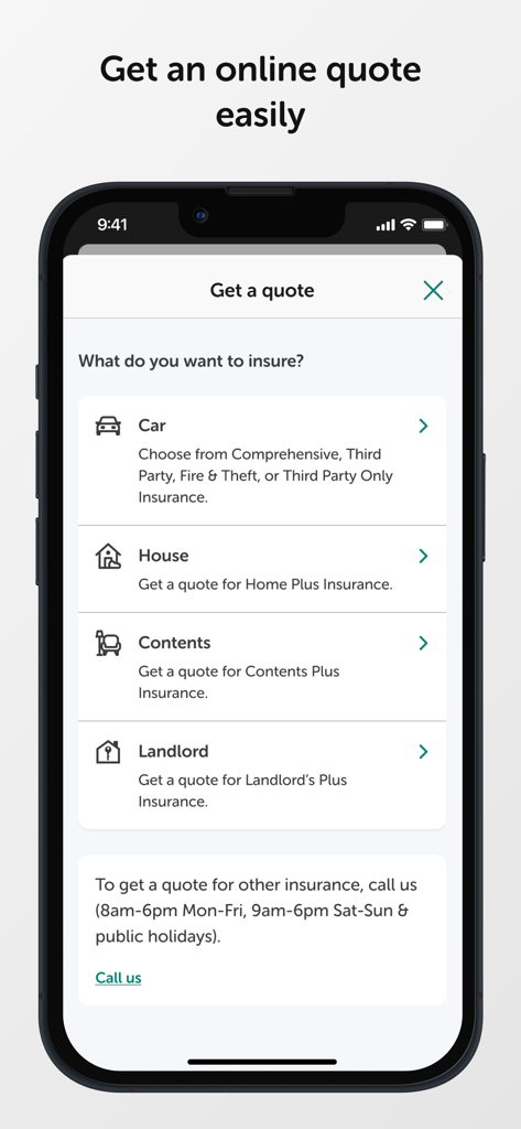 AMI - Interfaz de la app móvil AMI para seleccionar cotizaciones de seguro para coche, hogar o contenido