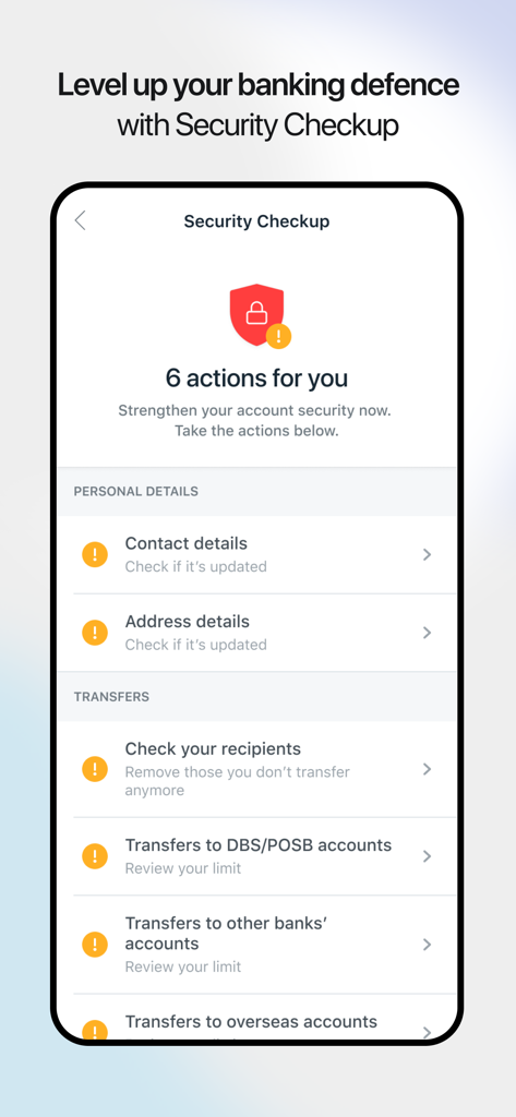 POSB digibank - POSB digibank app Security Checkup screen showing suggested actions to strengthen account security such as updating contact details and reviewing transfer limits.