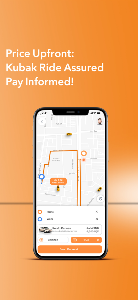 Kubak app interface showing a map route with price estimate and driver details