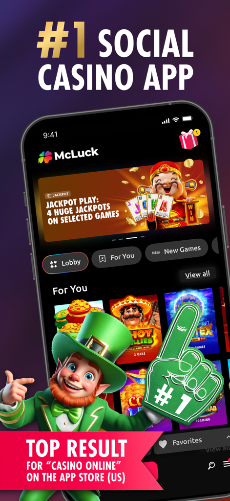 McLuck Casino mobile app interface showing various slot games and its ranking as the number one social casino app