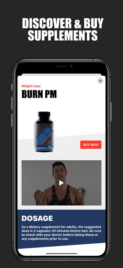 V Shred app screen showing a supplement product page for Burn PM weight loss capsules with a buy now button and dosage instructions