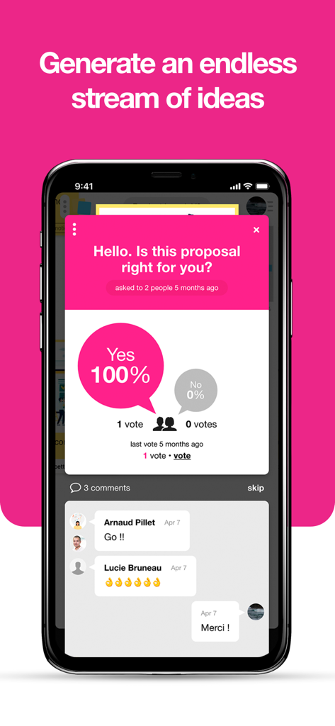 Klaxoon - Klaxoon app screen showing a proposal with a hundred percent yes vote and team comments