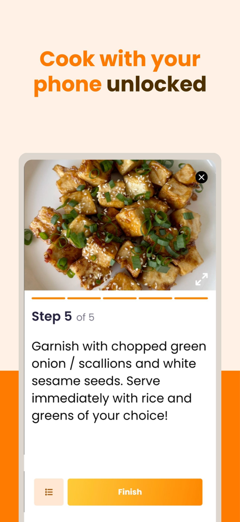 ReciMe: Recipes & Meal Planner - ReciMeアプリ。豆腐料理のステップバイステップのレシピ手順と、画面がオフにならない機能が表示されています。