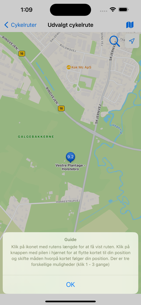 Kartenansicht einer Radroute in Holstebro, Dänemark, mit einer Navigationsanleitung als Überlagerung