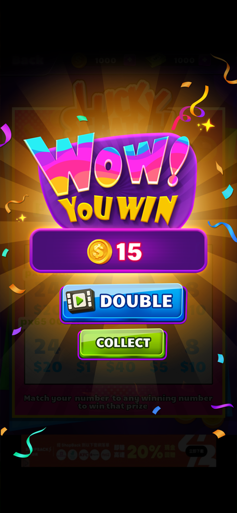 Cash Pusher:Lucky Coin Casino - Pantalla de victoria de Cash Pusher Lucky Coin Casino mostrando una recompensa de 15 monedas con opciones para duplicar o cobrar.