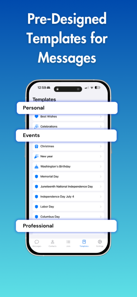 Plantillas de mensajes prediseñadas para festividades y eventos profesionales en la aplicación Mass Sender.
