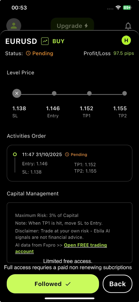 Ebila AI: Trading Signal - Ebila AI mobile app interface showing a pending EURUSD buy signal with entry stop loss and take profit levels
