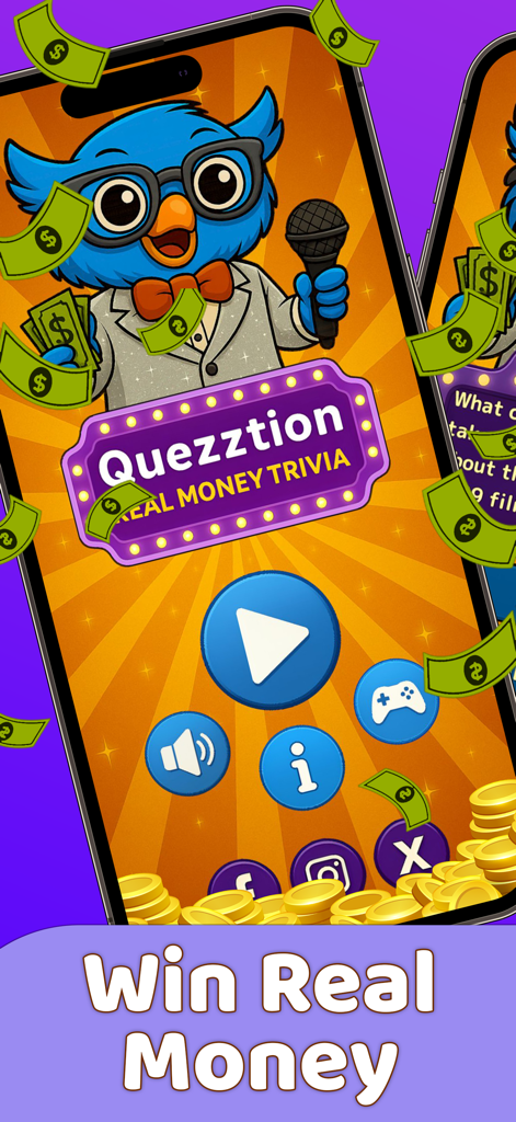 Quezztion: Real Money Trivia - Écran d'accueil de l'application de trivia à argent réel Quezztion mettant en vedette la mascotte Quizmo le hibou et des prix en espèces