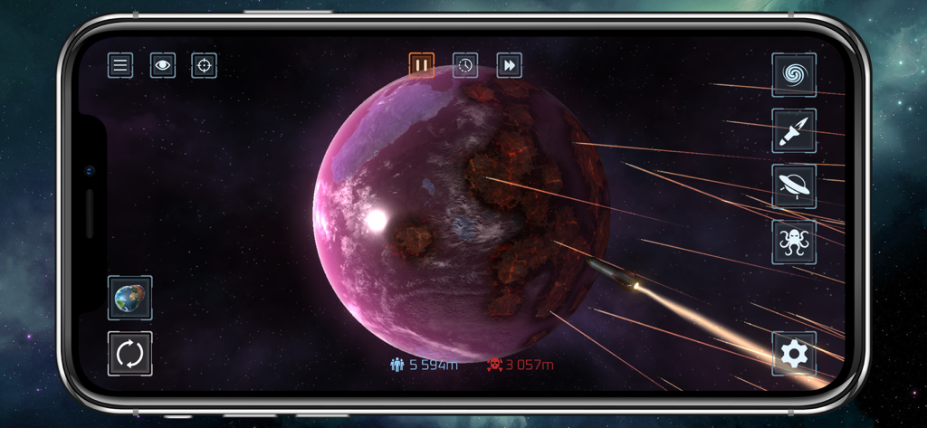 Gameplay di Solar Smash che mostra un pianeta sotto attacco missilistico nello spazio