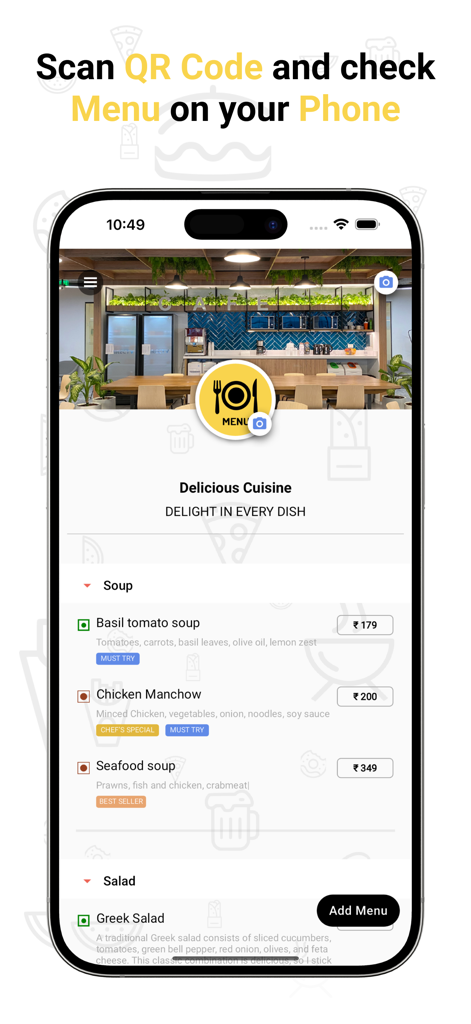 Écran de smartphone affichant un menu de restaurant numérique avec des catégories d'aliments et des prix