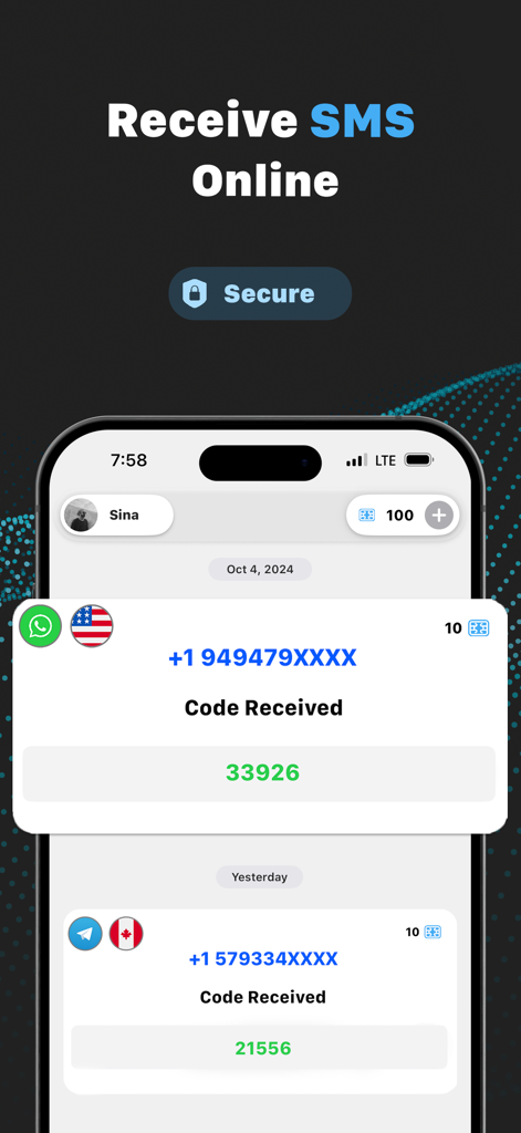 VSimモバイルアプリ画面に仮想電話番号と受信したSMS認証コードが表示されています