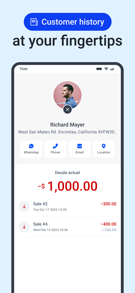 Yimi POS – Sales & Inventory - Yimi POS mobile app screen showing customer profile with contact details and purchase history